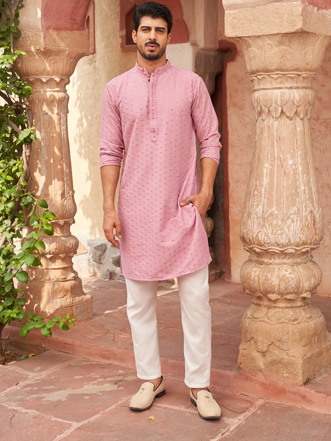 Embroidered Cotton Kurta With Pyjama For Men
