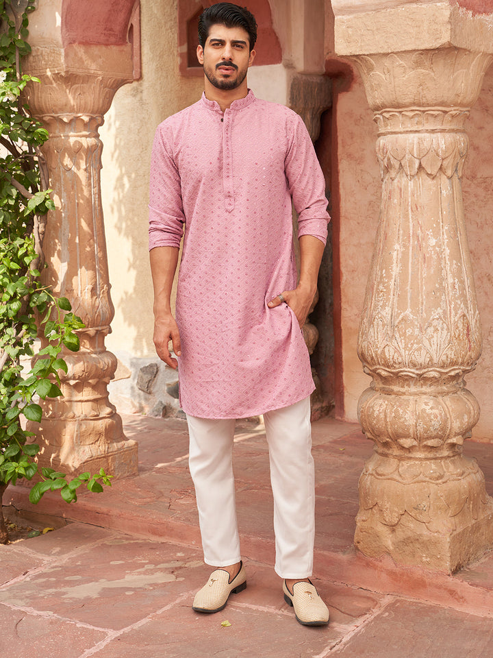 Embroidered Cotton Kurta With Pyjama For Men