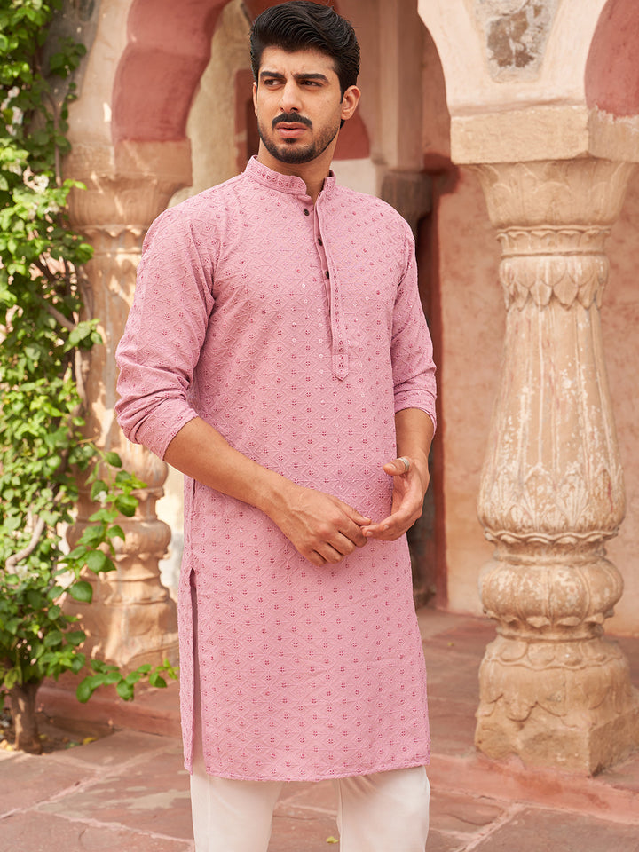 Embroidered Cotton Kurta With Pyjama For Men