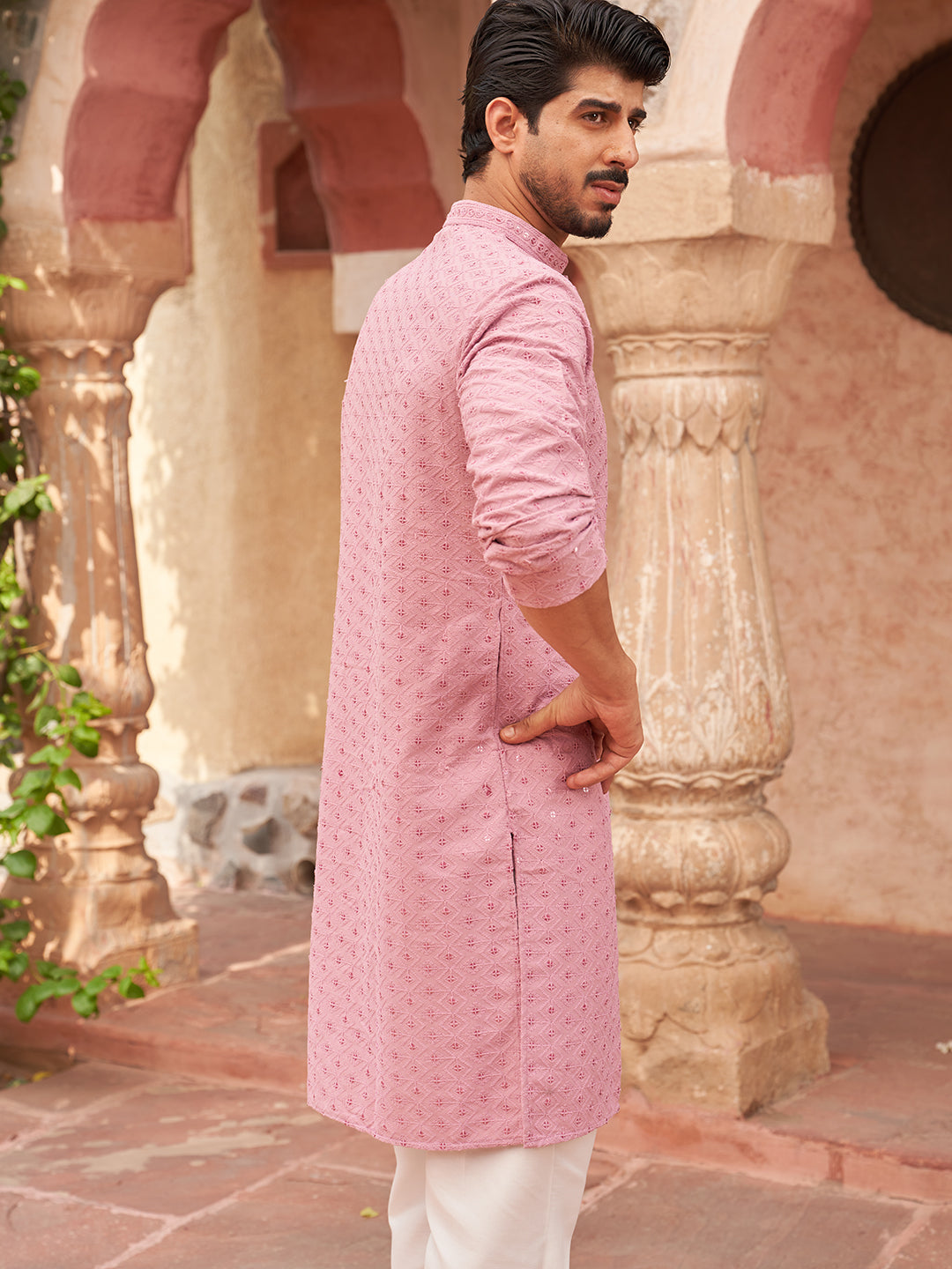 Embroidered Cotton Kurta With Pyjama For Men