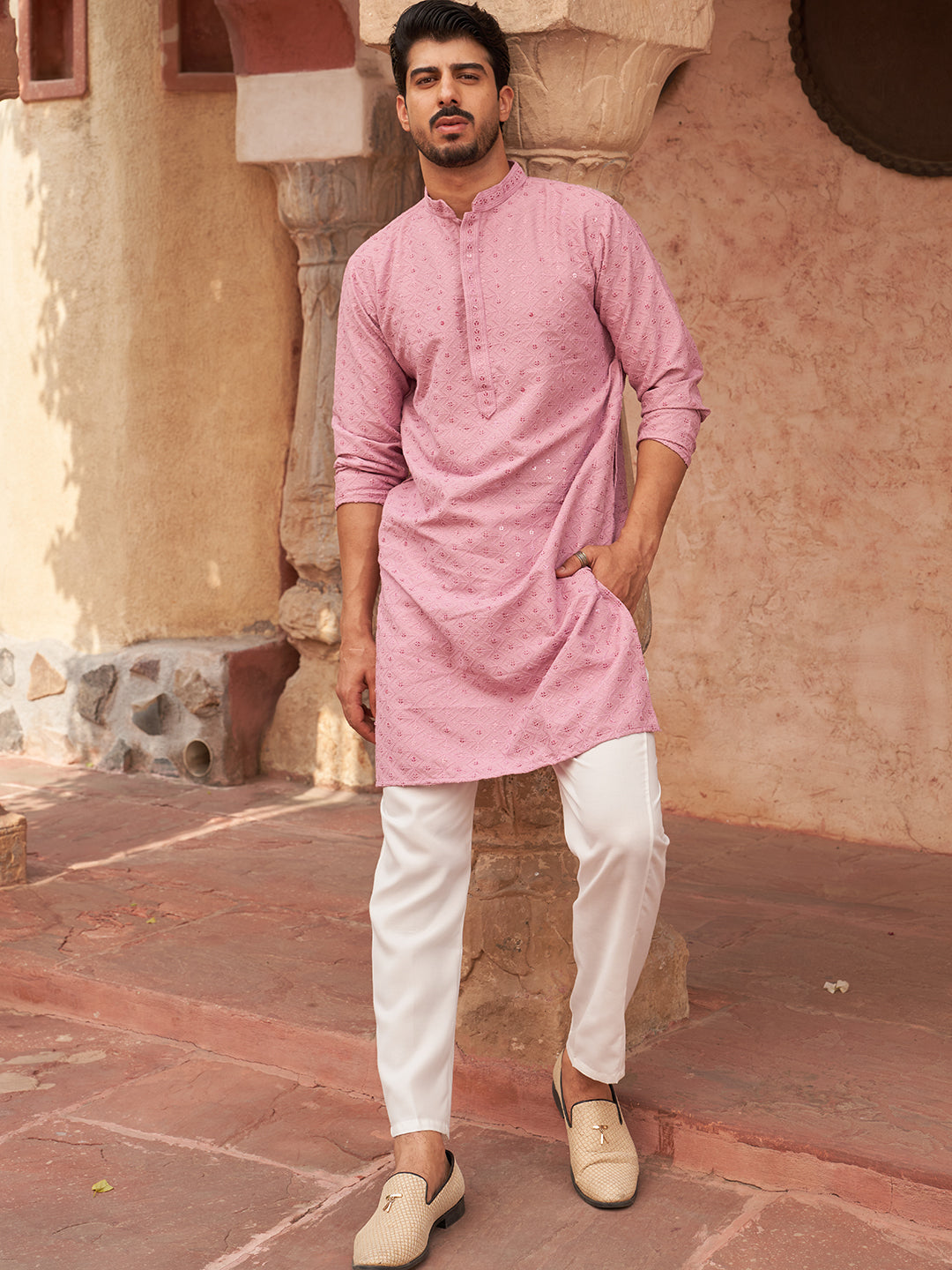Embroidered Cotton Kurta With Pyjama For Men