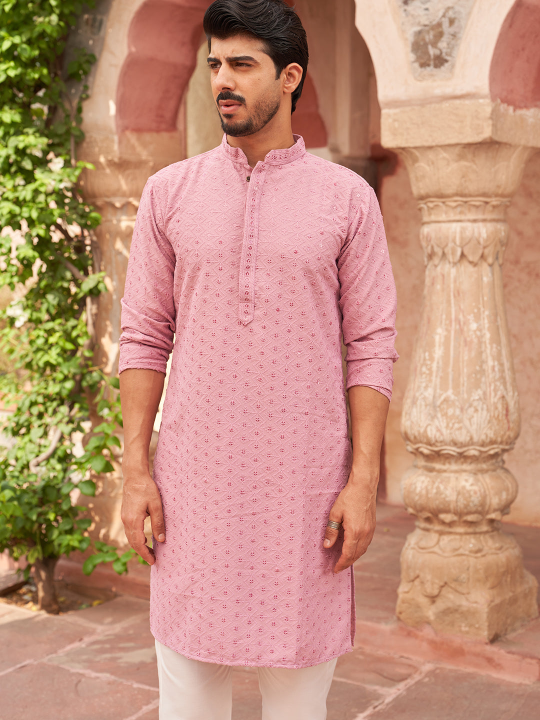 Embroidered Cotton Kurta With Pyjama For Men
