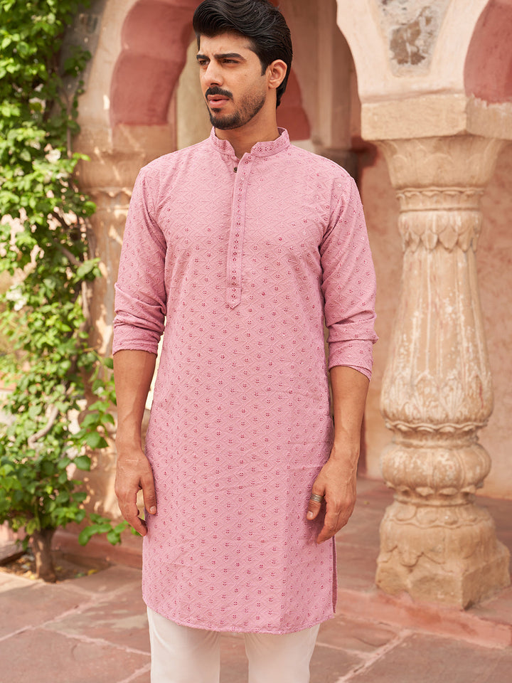 Embroidered Cotton Kurta With Pyjama For Men