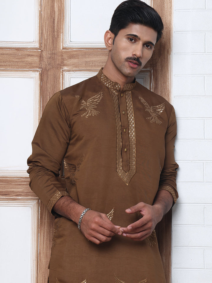 Silk Blend Kurta Pyjama Set With Golden Eagle Embroidery