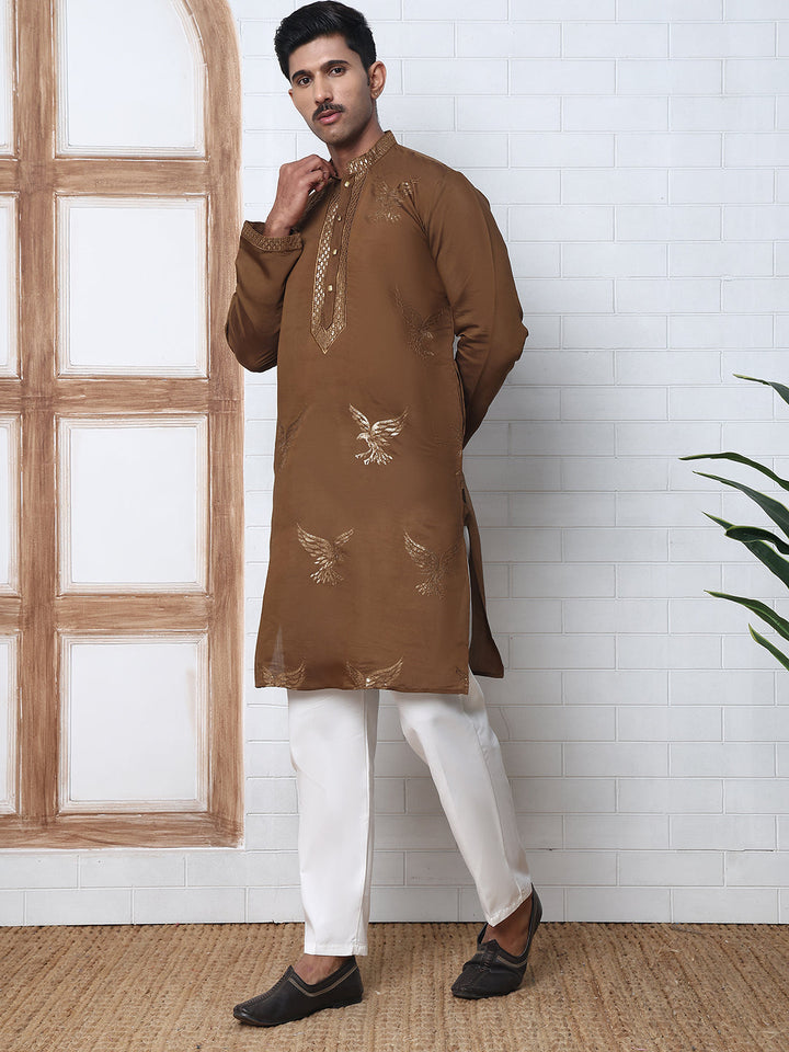 Silk Blend Kurta Pyjama Set With Golden Eagle Embroidery