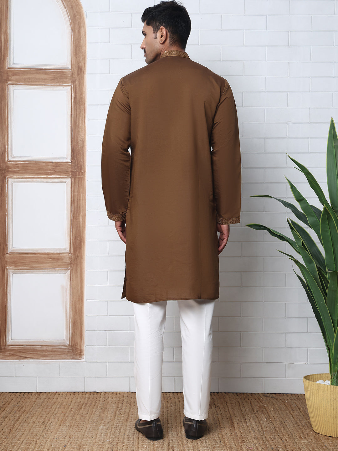 Silk Blend Kurta Pyjama Set With Golden Eagle Embroidery
