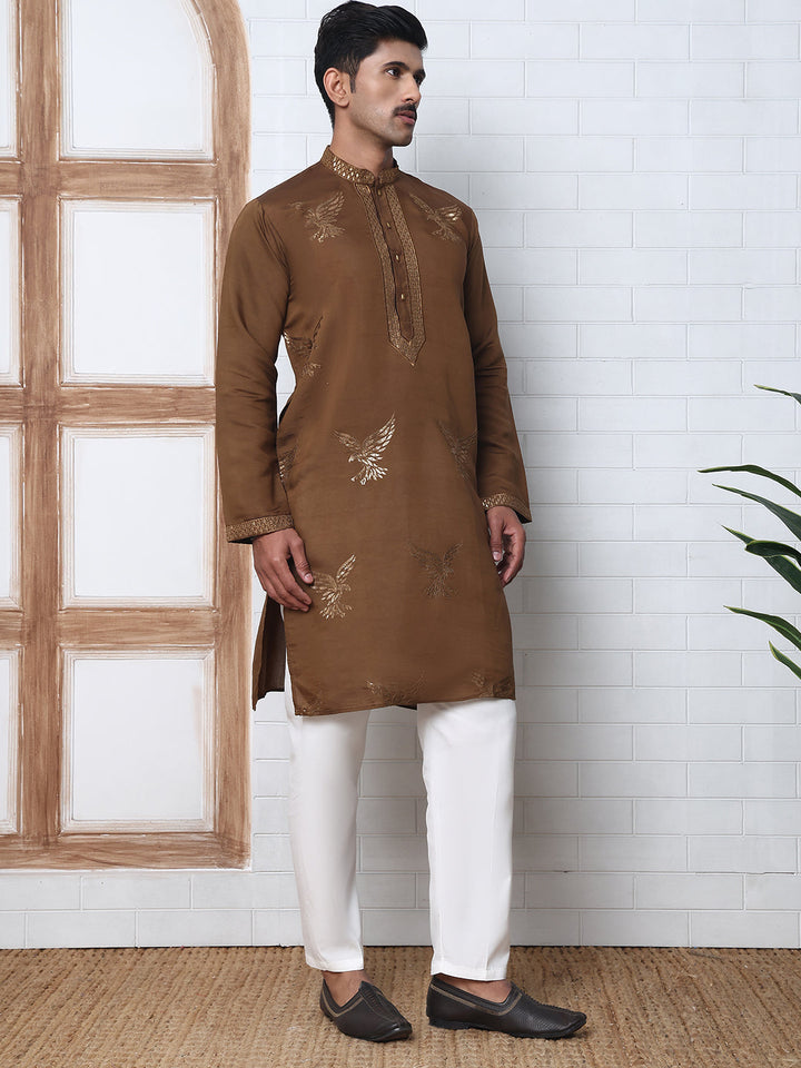 Silk Blend Kurta Pyjama Set With Golden Eagle Embroidery