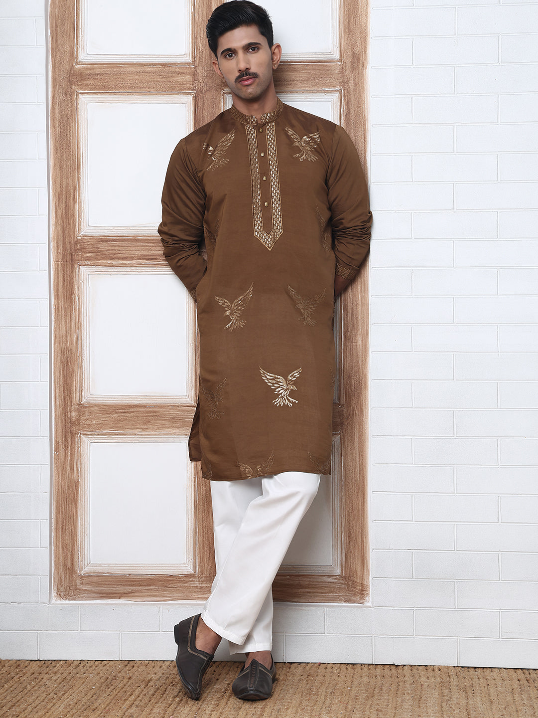 Silk Blend Kurta Pyjama Set With Golden Eagle Embroidery