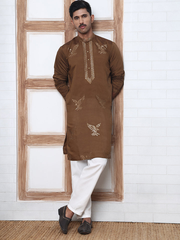 Silk Blend Kurta Pyjama Set With Golden Eagle Embroidery