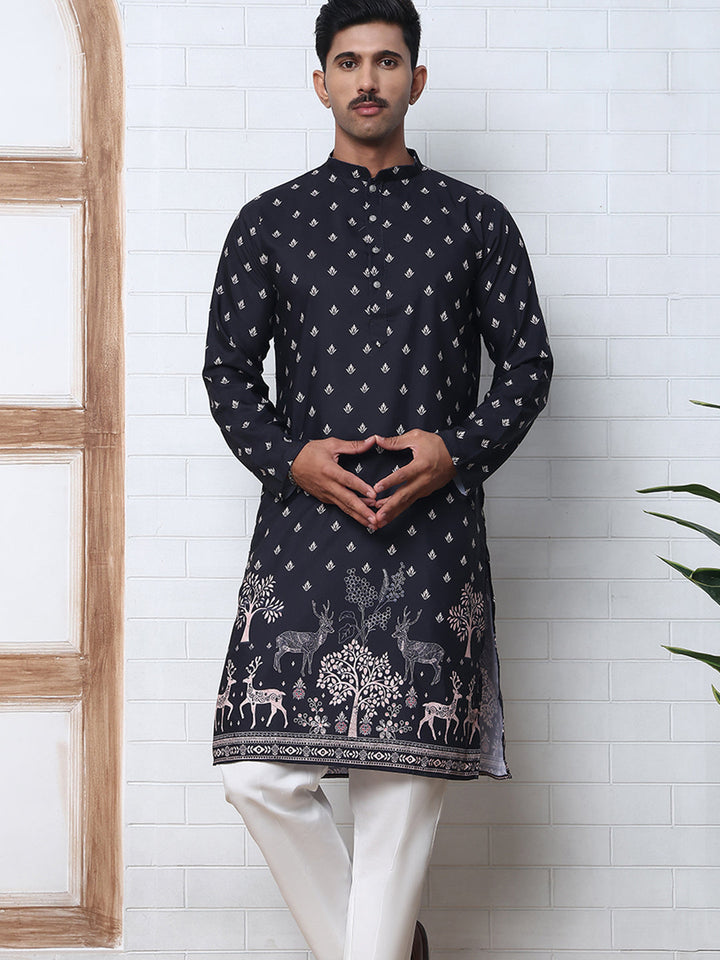 Men’S Ethnic Printed Kurta With White Pyjama