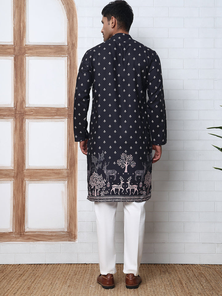 Men’S Ethnic Printed Kurta With White Pyjama