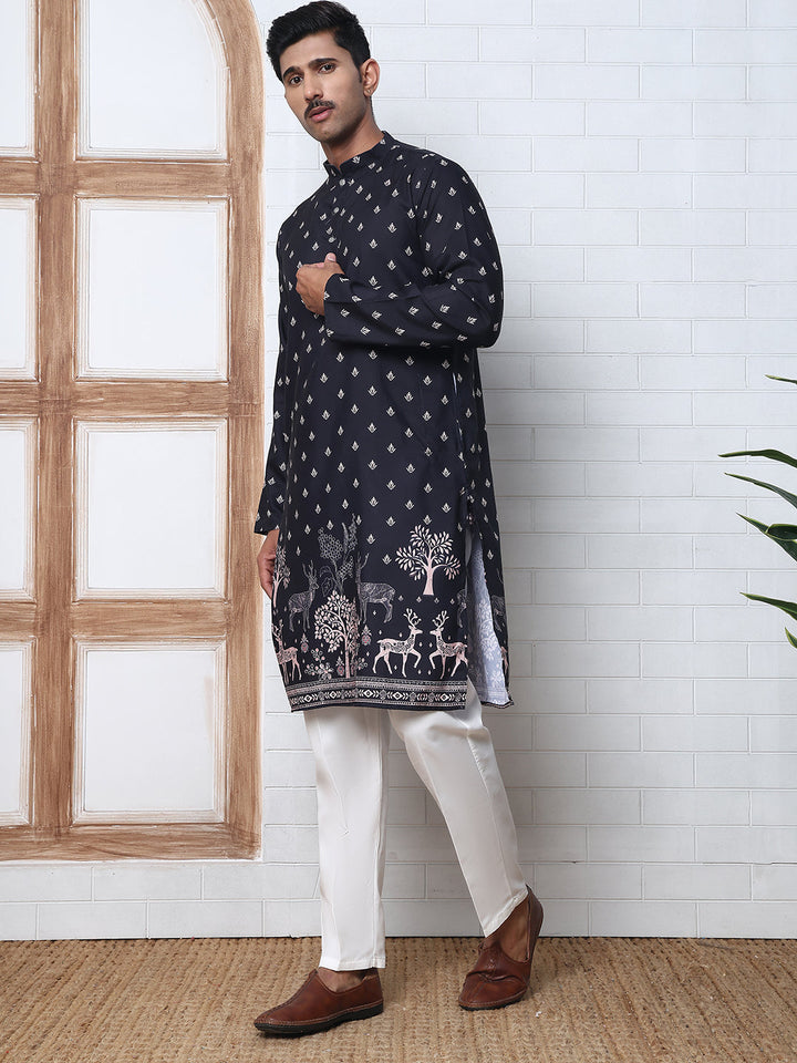Men’S Ethnic Printed Kurta With White Pyjama