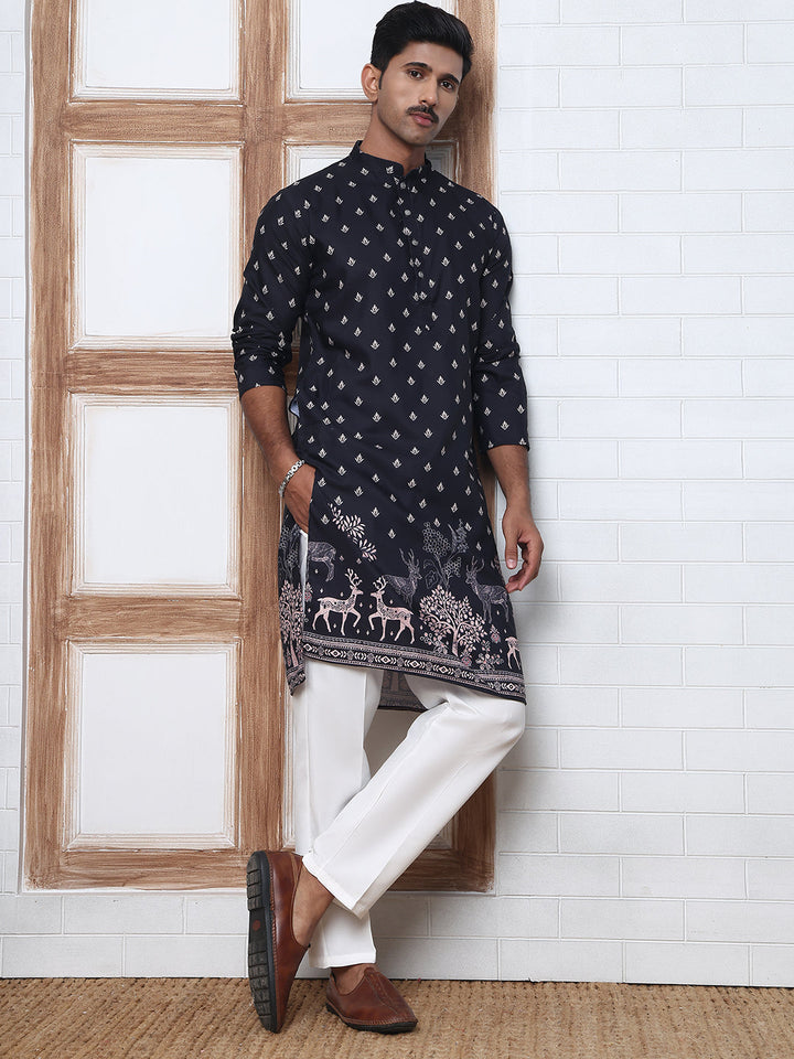 Men’S Ethnic Printed Kurta With White Pyjama