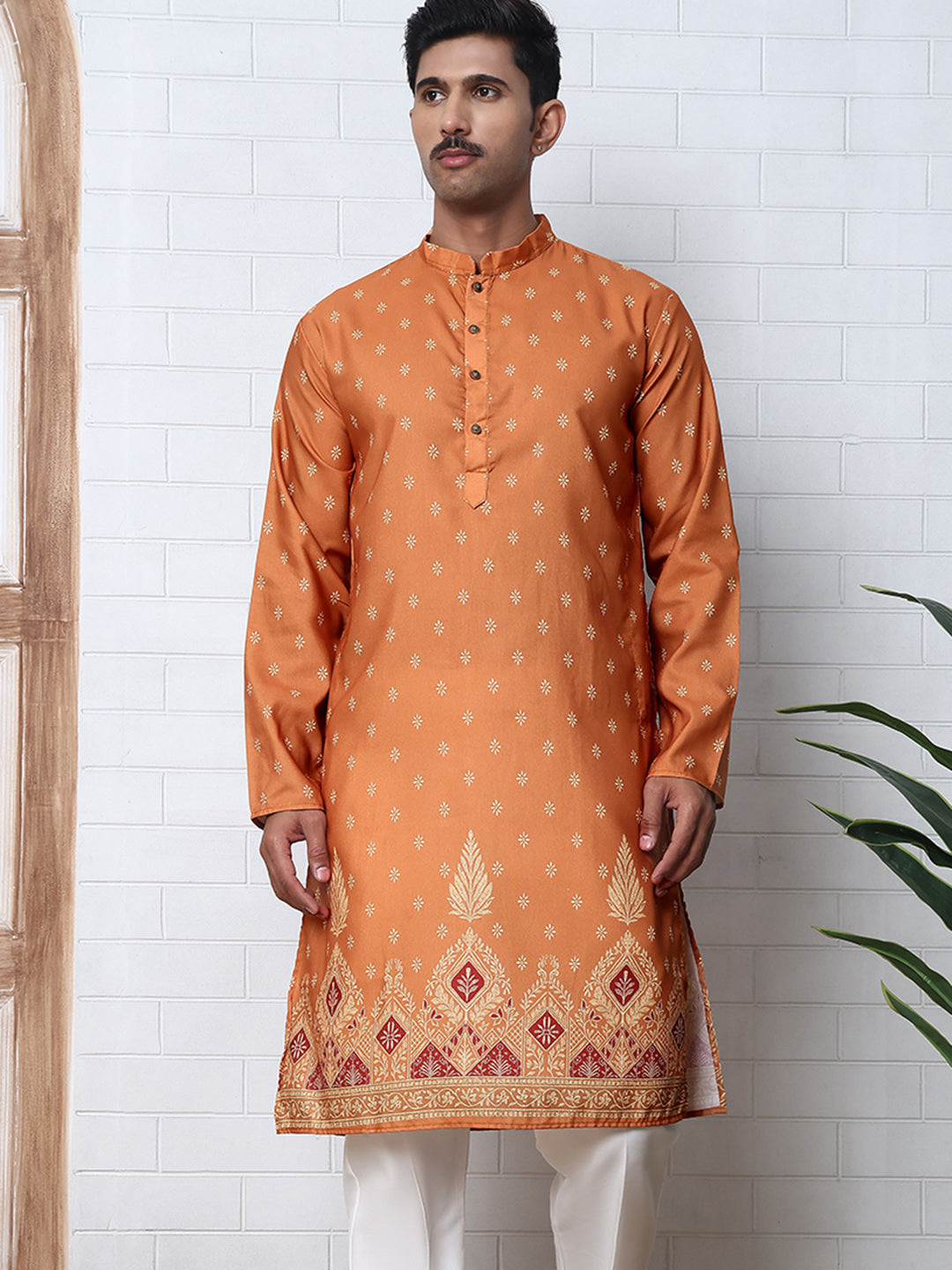 Men’S Ethnic Printed Kurta With White Pyjama