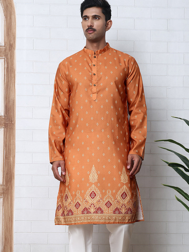 Men’S Ethnic Printed Kurta With White Pyjama