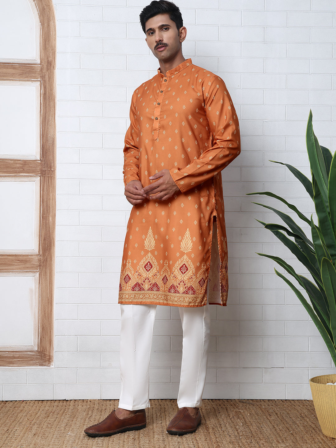 Men’S Ethnic Printed Kurta With White Pyjama