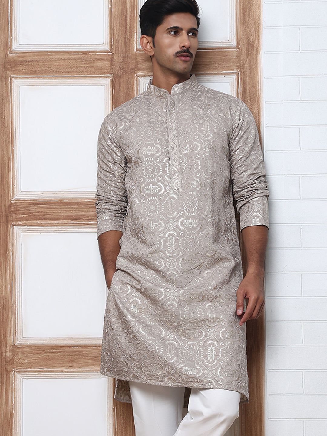 Silk Blend Designer Embroidered Kurta Pyjama