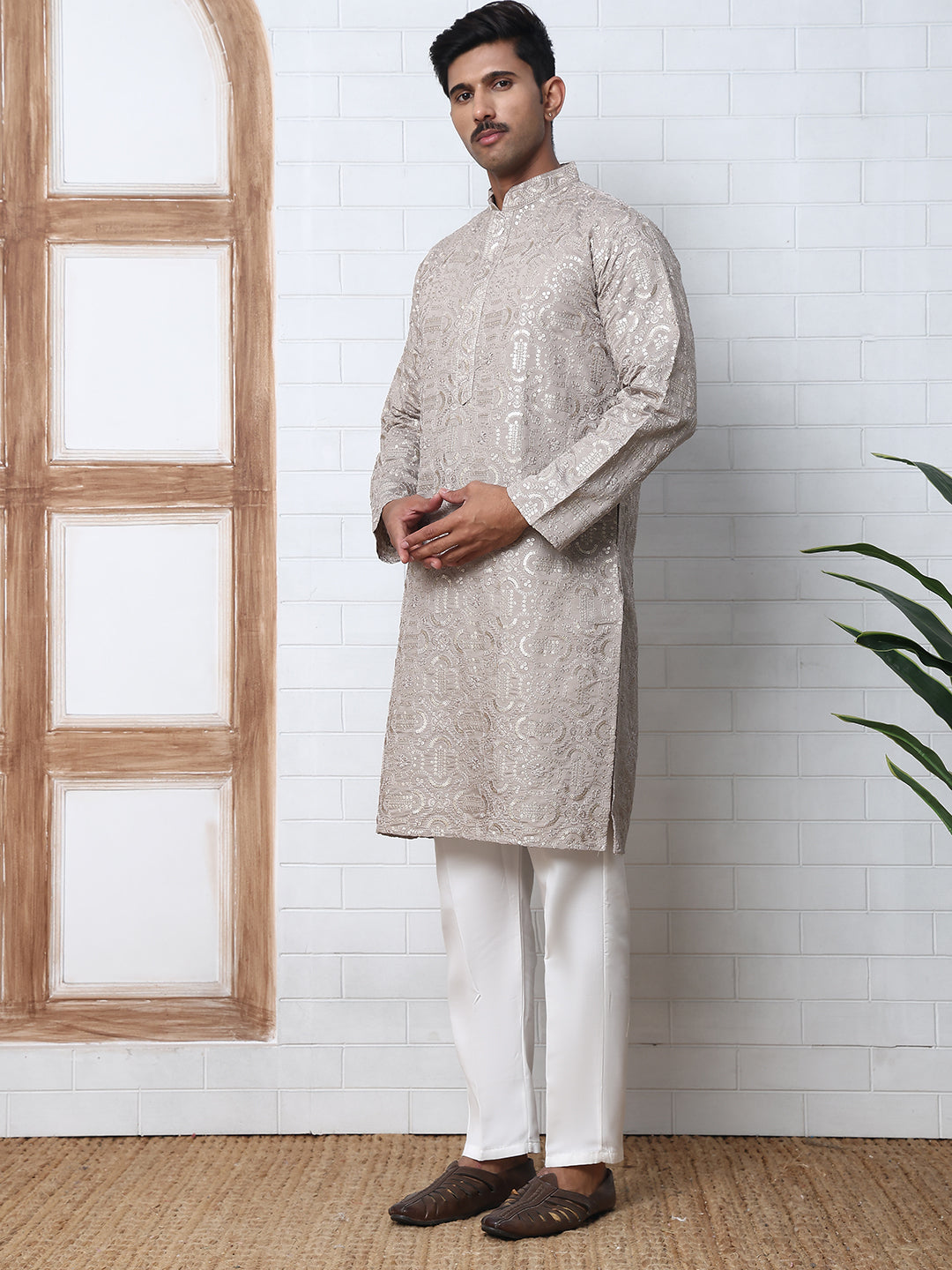 Silk Blend Designer Embroidered Kurta Pyjama