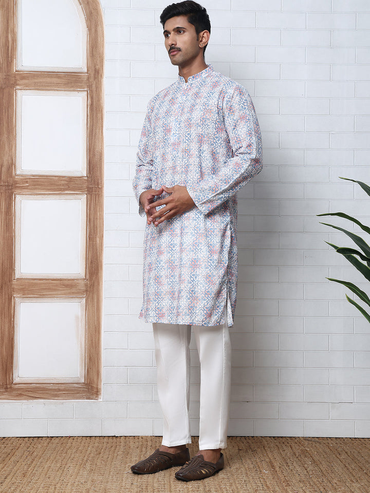 Printed And Embroidered Kurta Pyjama Set.