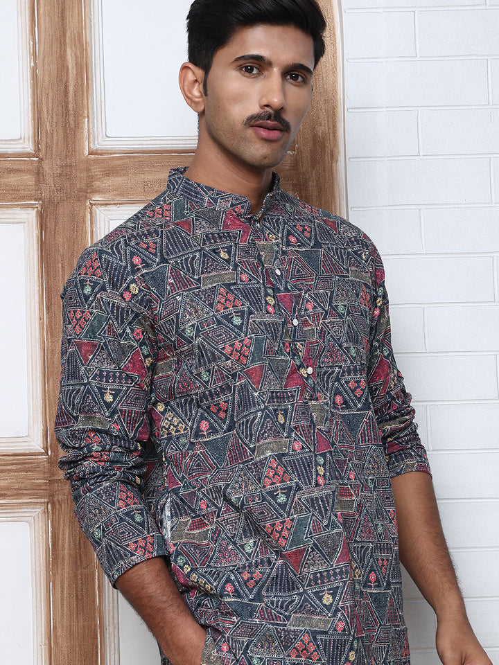 Printed And Embroidered Kurta Pyjama Set.