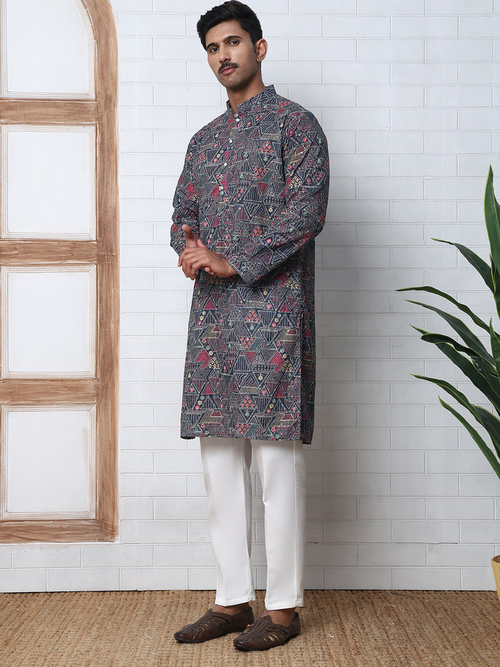 Printed And Embroidered Kurta Pyjama Set.