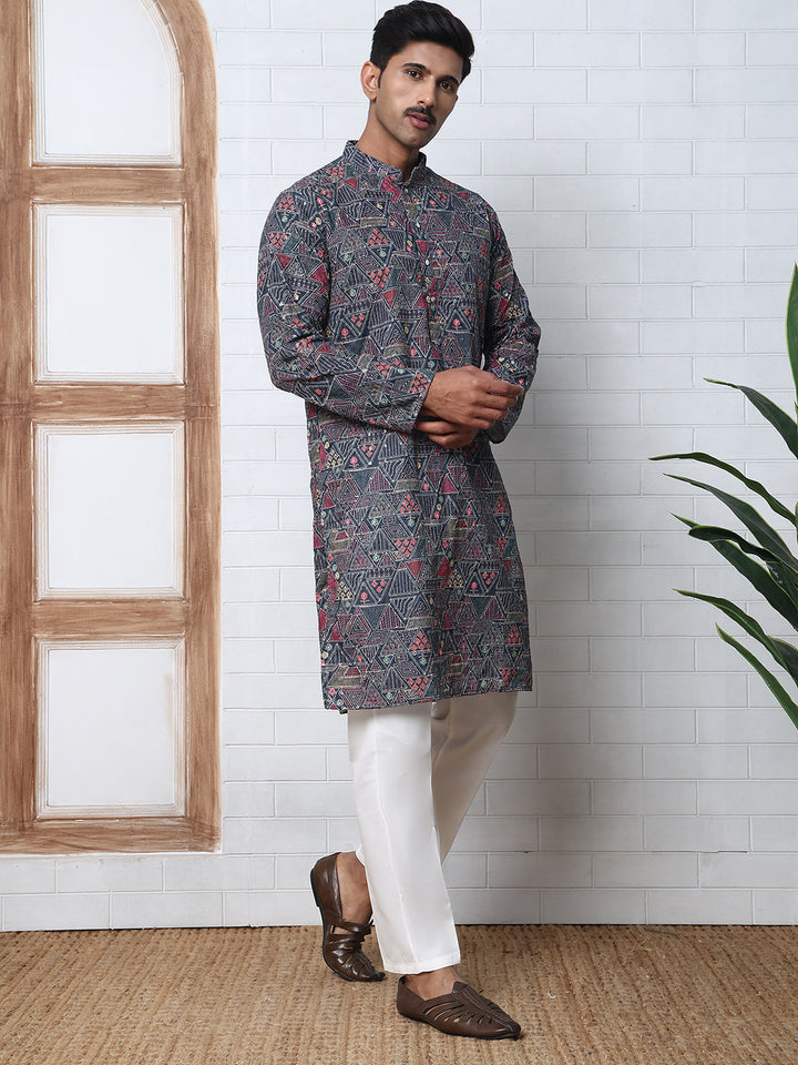 Printed And Embroidered Kurta Pyjama Set.