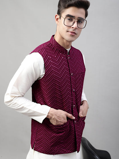 Men'S Sequins Embroidered Rayon Nehru Jacket