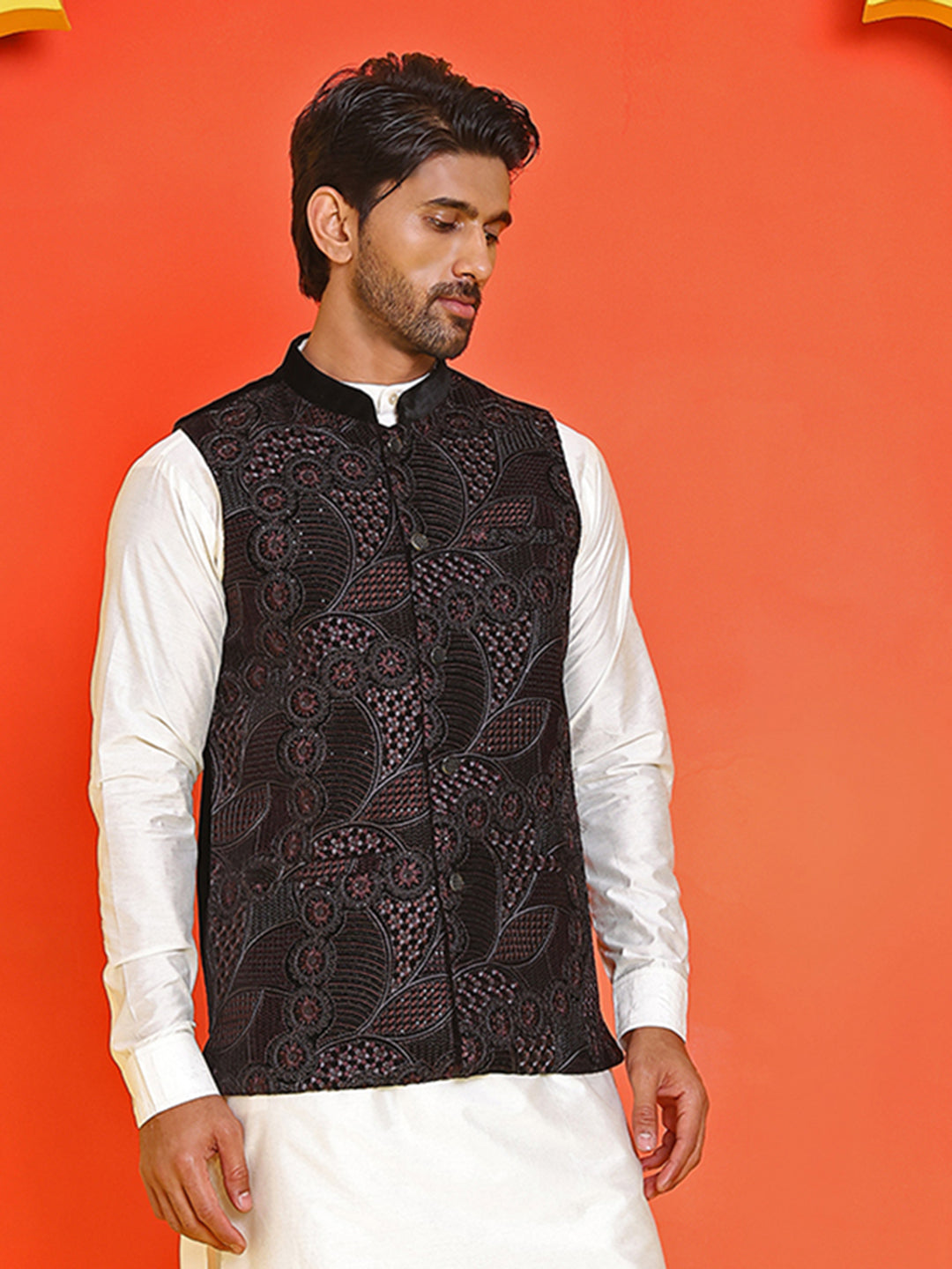 Black Embroidered Velvet Nehru Jacket For Men