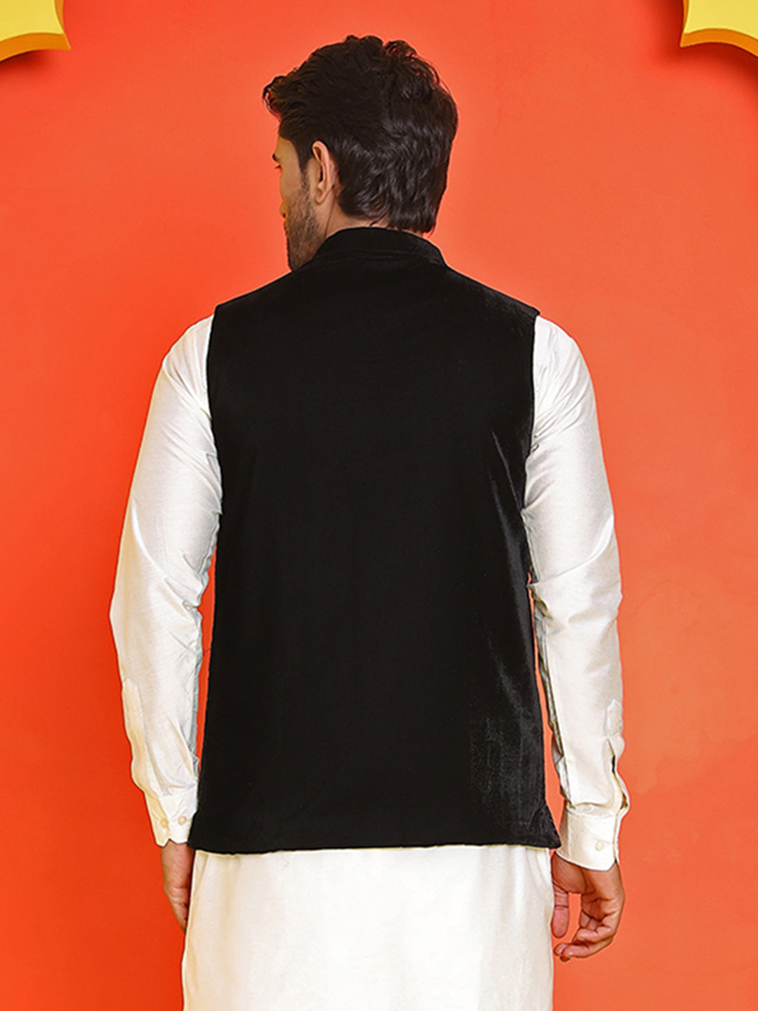 Black Embroidered Velvet Nehru Jacket For Men