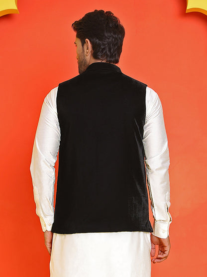 Black Embroidered Velvet Nehru Jacket For Men