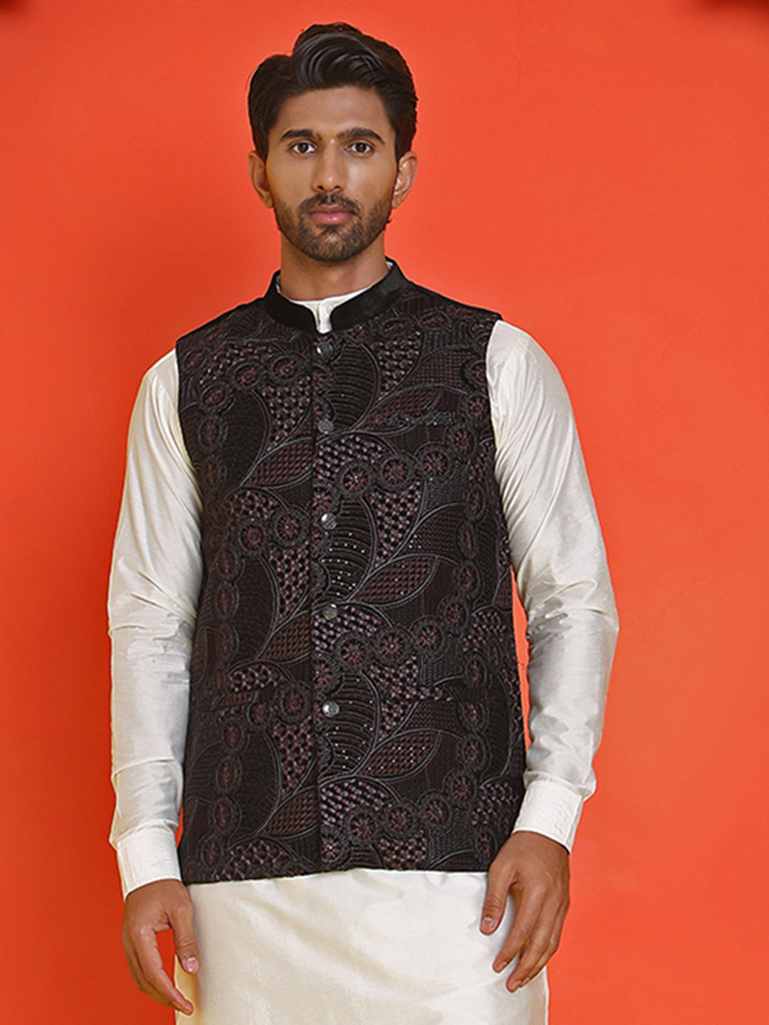 Black Embroidered Velvet Nehru Jacket For Men