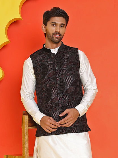 Black Embroidered Velvet Nehru Jacket For Men