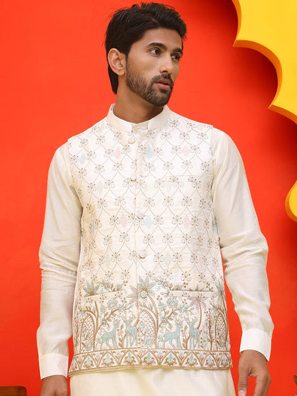 White Embroidered Silk Blend Nehru Jacket For Men