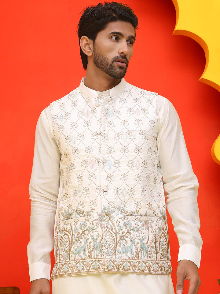 White Embroidered Silk Blend Nehru Jacket For Men