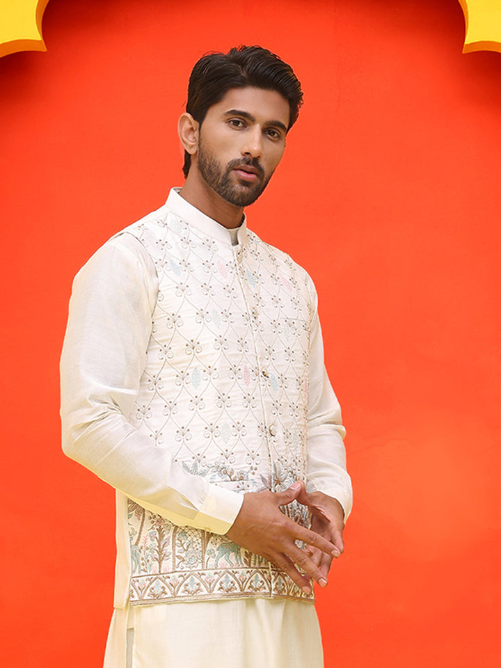 White Embroidered Silk Blend Nehru Jacket For Men