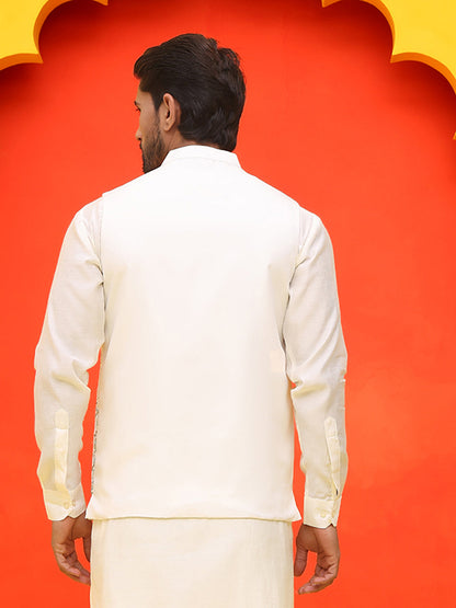 White Embroidered Silk Blend Nehru Jacket For Men