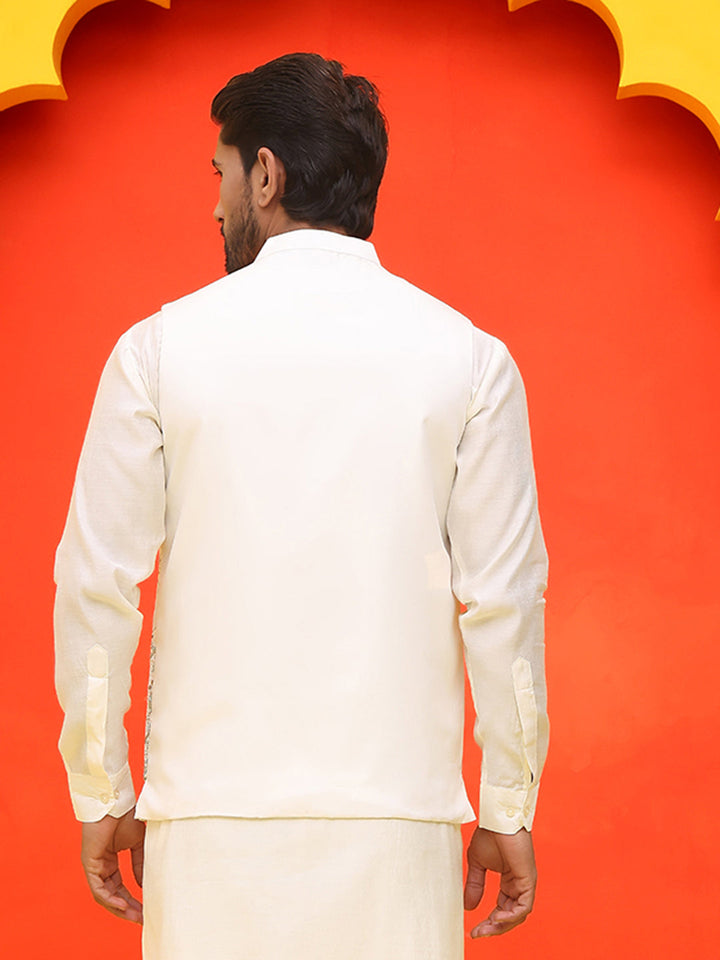 White Embroidered Silk Blend Nehru Jacket For Men