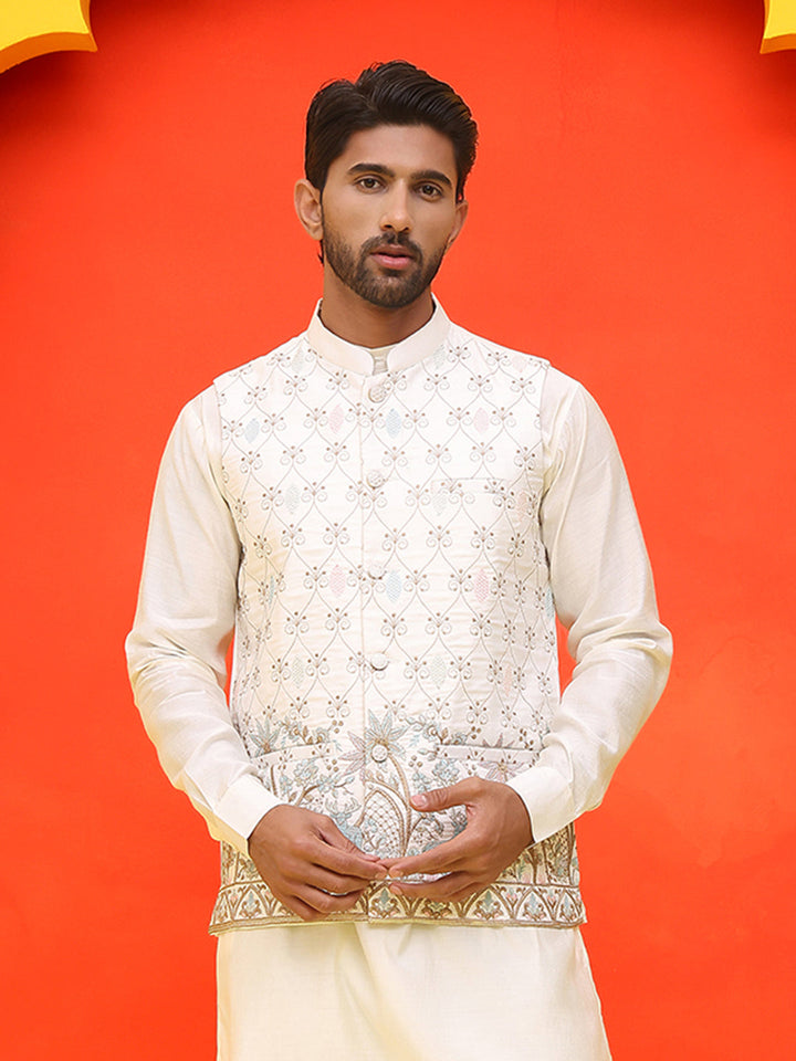 White Embroidered Silk Blend Nehru Jacket For Men