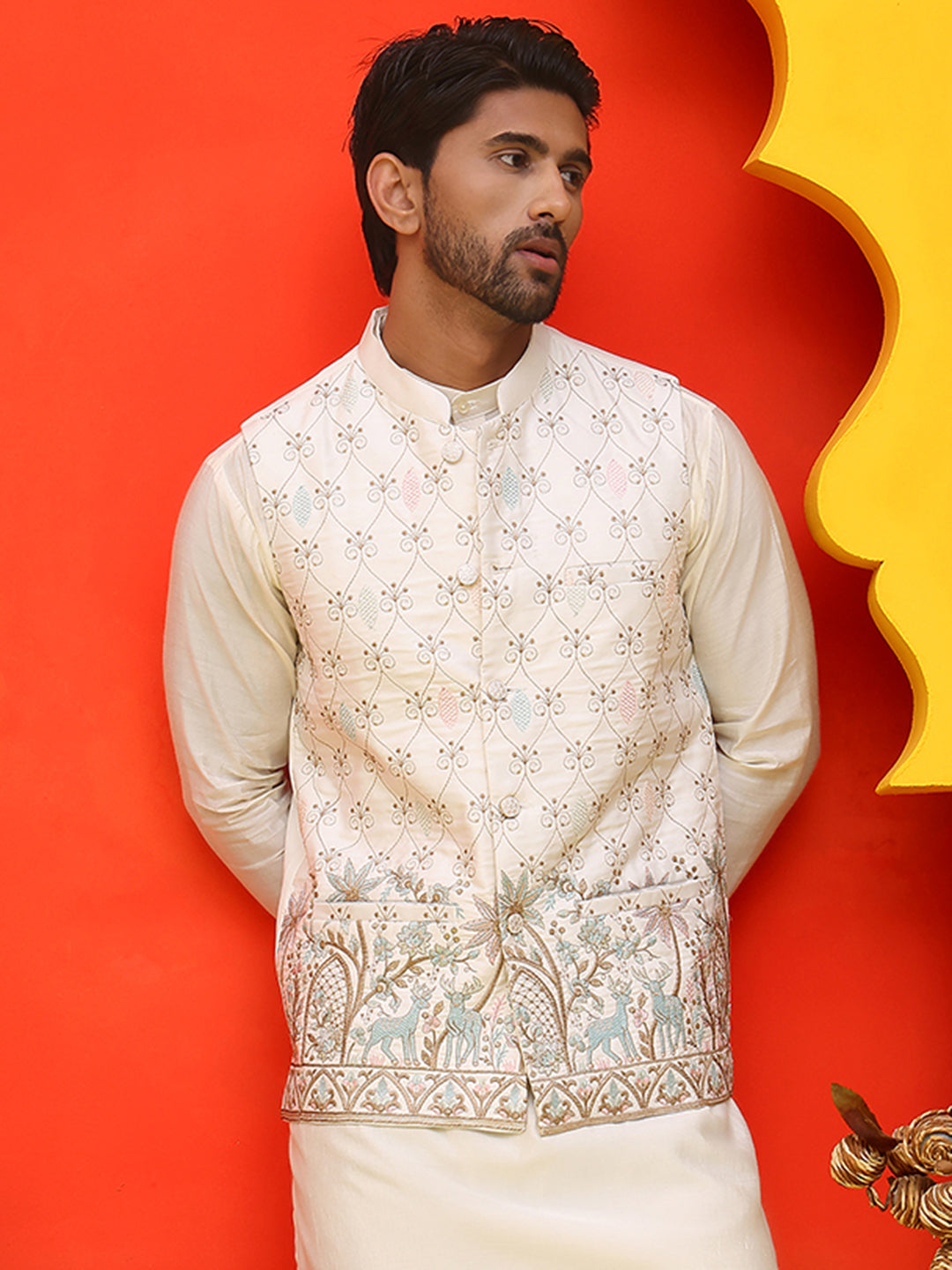 White Embroidered Silk Blend Nehru Jacket For Men