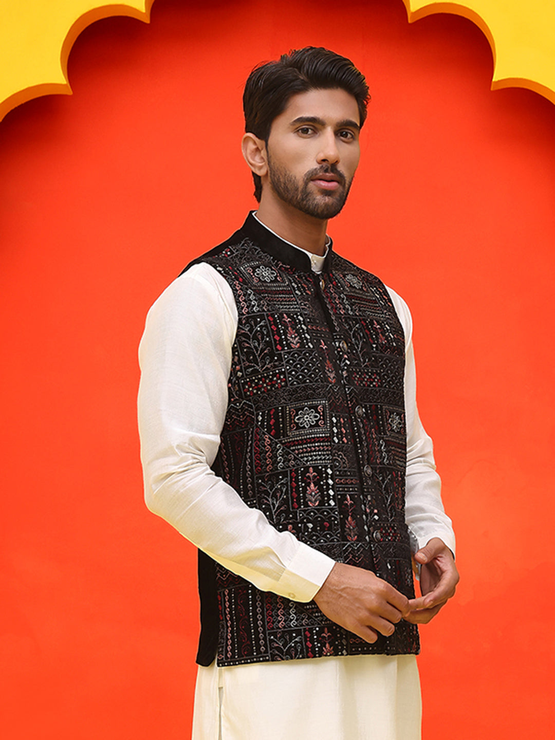 Black Embroidered Velvet Nehru Jacket For Men