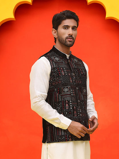 Black Embroidered Velvet Nehru Jacket For Men