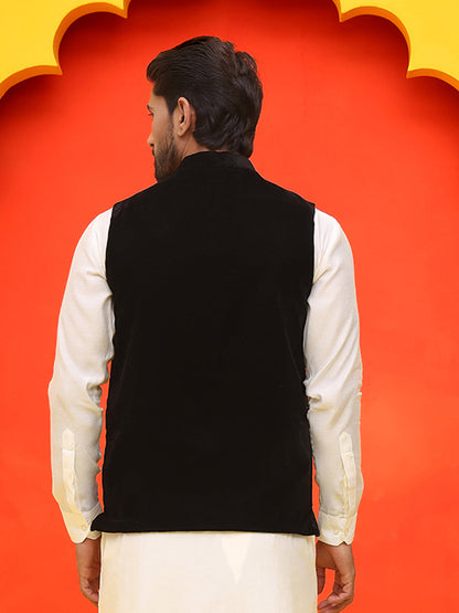 Black Embroidered Velvet Nehru Jacket For Men