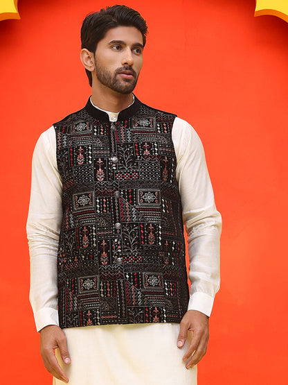 Black Embroidered Velvet Nehru Jacket For Men