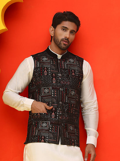 Black Embroidered Velvet Nehru Jacket For Men