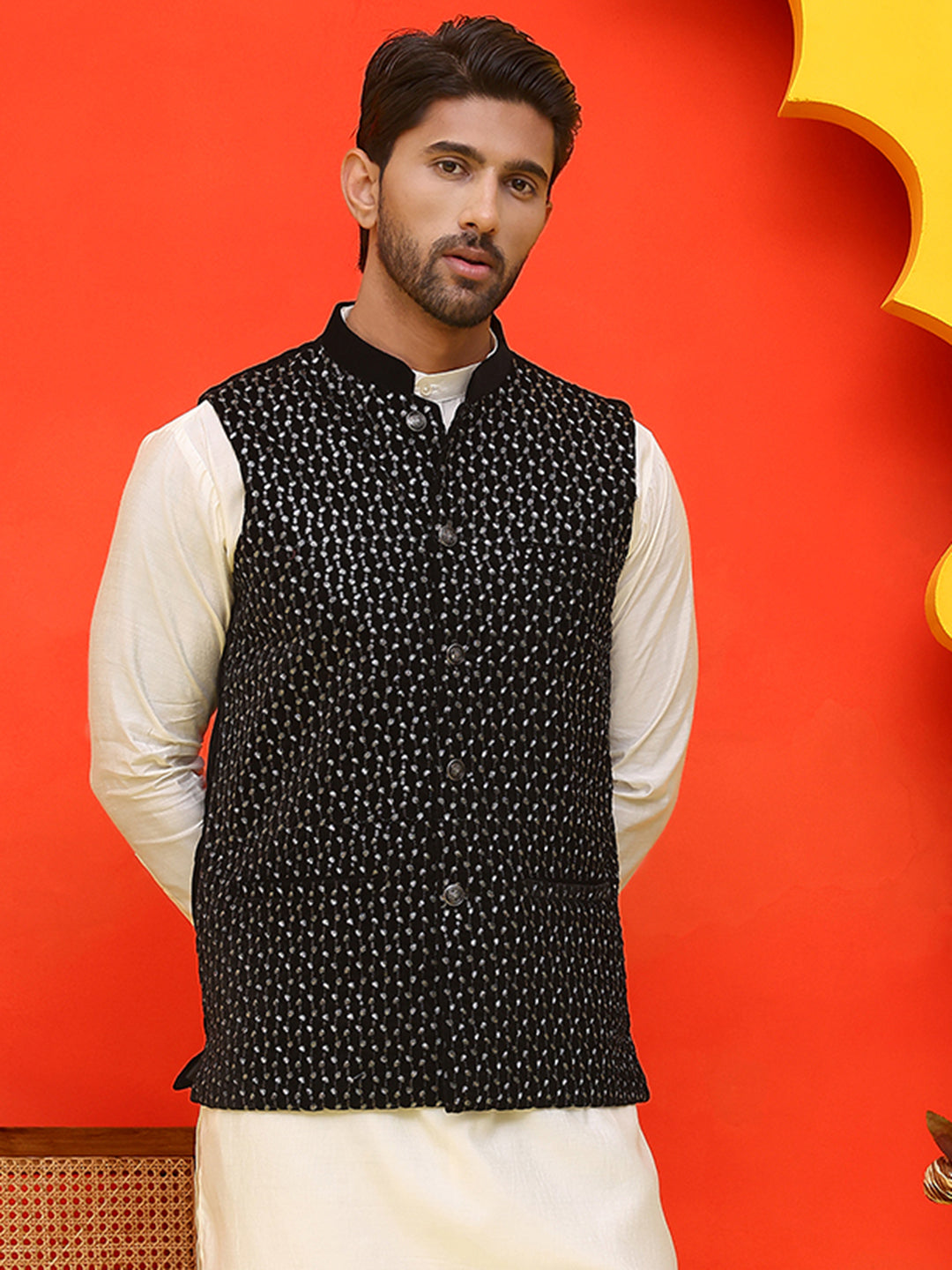 Black Embroidered Velvet Nehru Jacket For Men