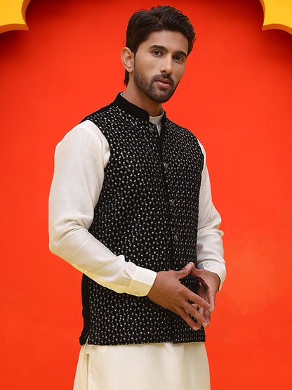 Black Embroidered Velvet Nehru Jacket For Men