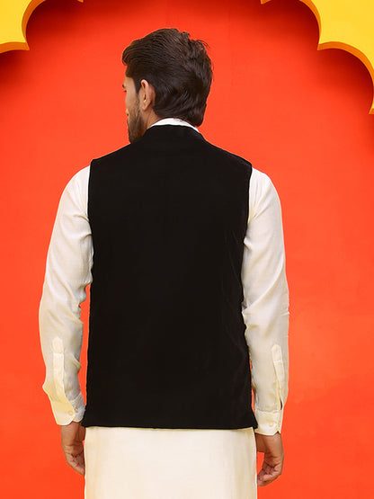 Black Embroidered Velvet Nehru Jacket For Men