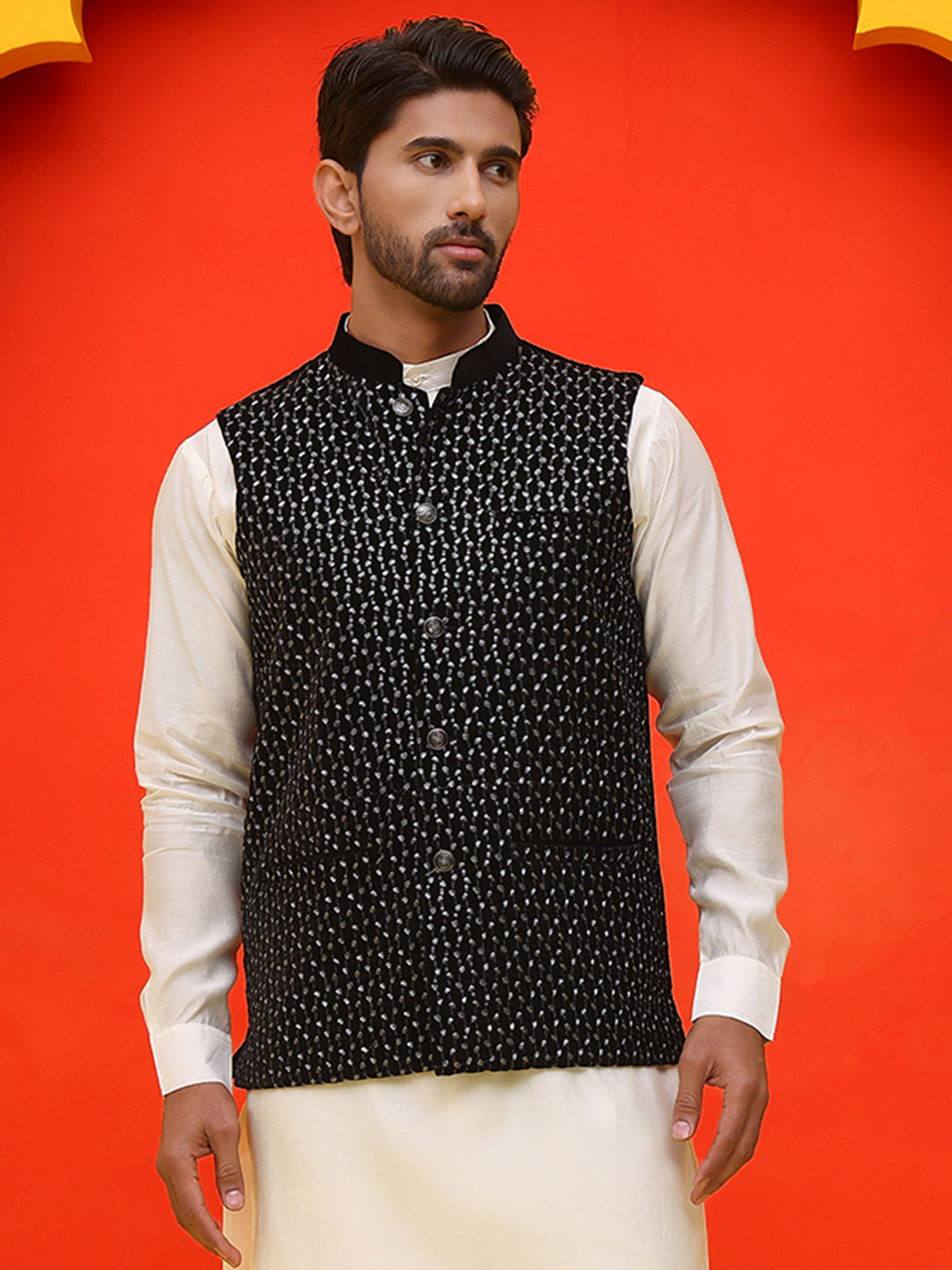 Black Embroidered Velvet Nehru Jacket For Men