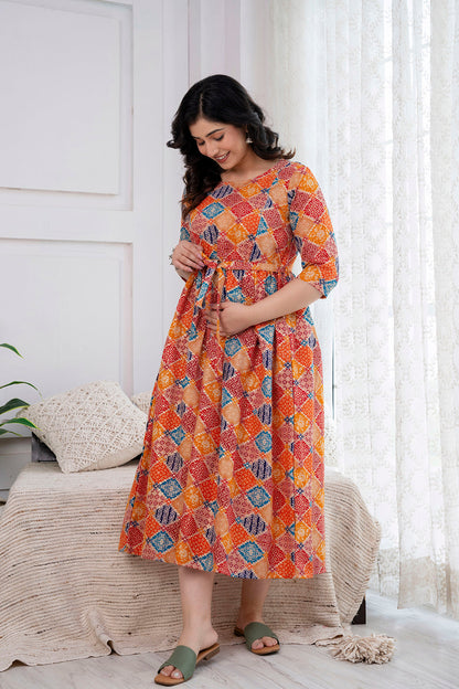 Orange Printed Maternity Dress