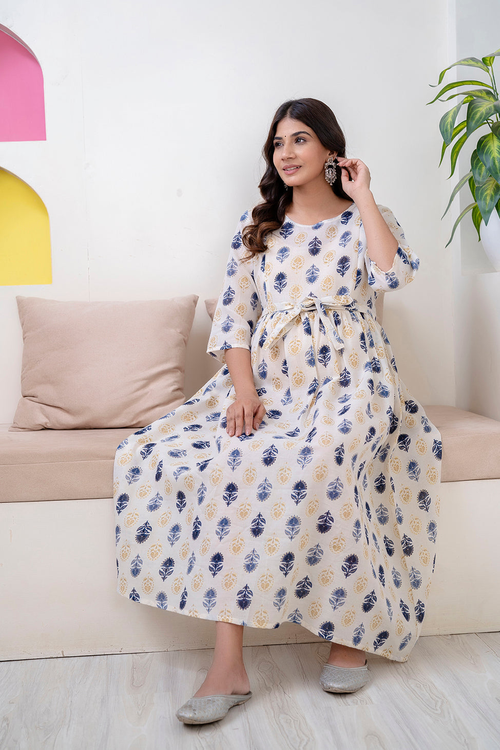 Off White Printed Flared Maternity Dress